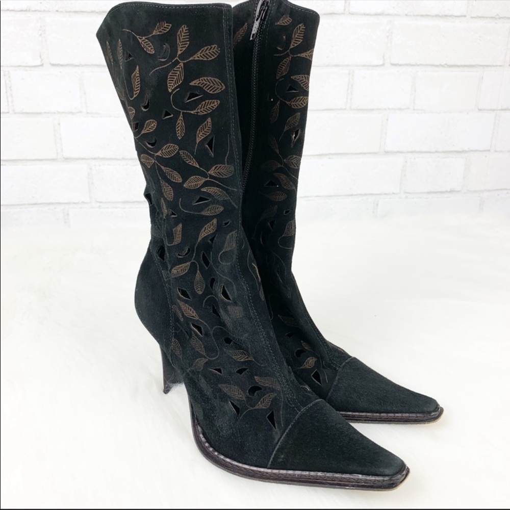 Colin Stuart Black Laser Cut Out Suede Heel Boots